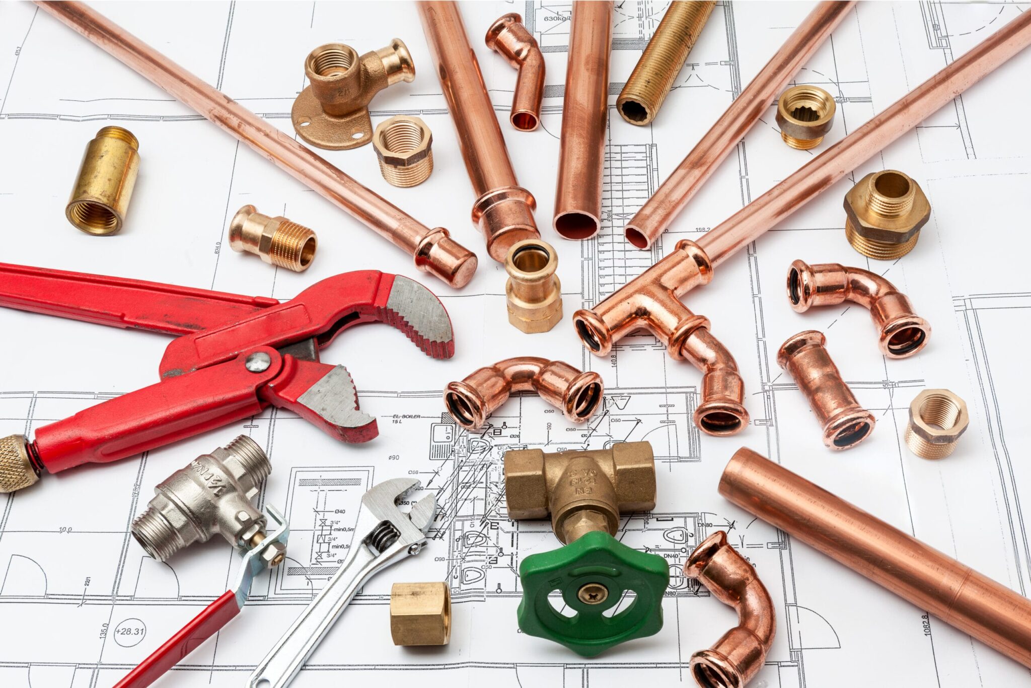 Copper pipes, fittings, valves, and plumbing tools in North Miami Beach
