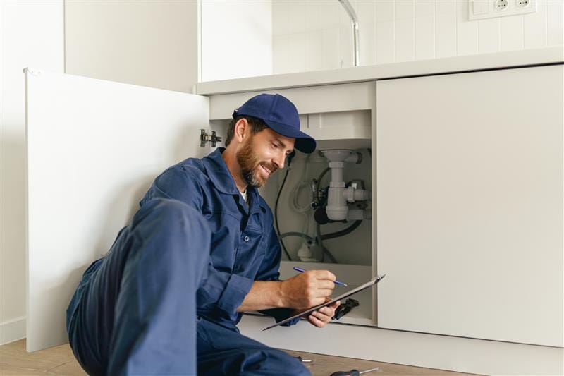Residential plumber reviewing plumbing repairs in a North Miami Beach kitchen