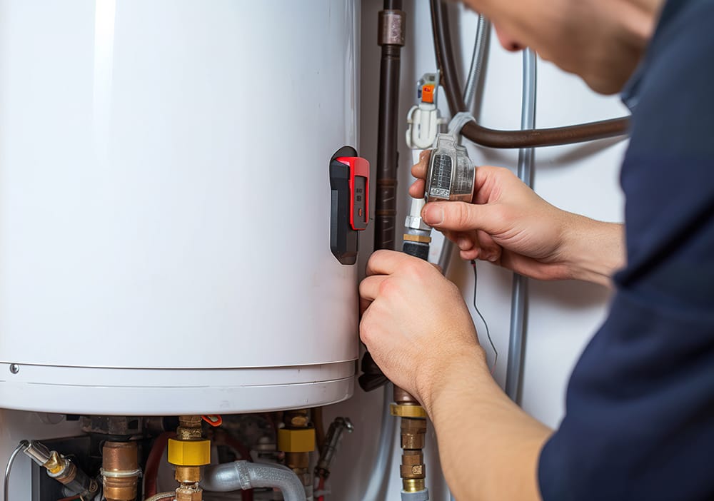 Technician repairing pipes connected to a water heater in North Miami Beach